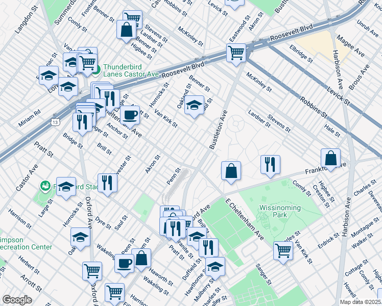 map of restaurants, bars, coffee shops, grocery stores, and more near 5833 Penn Street in Philadelphia