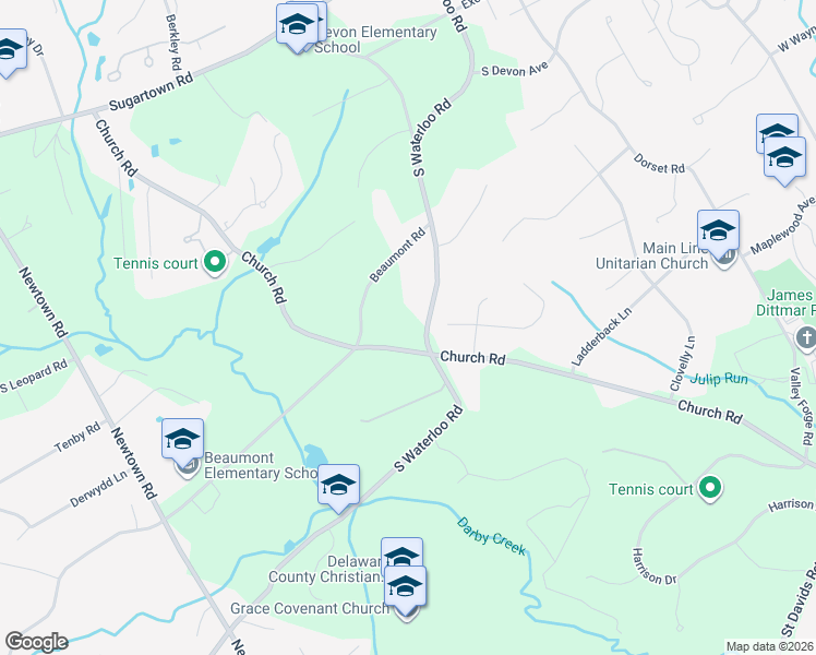 map of restaurants, bars, coffee shops, grocery stores, and more near 309 Church Road in Devon