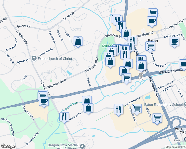 map of restaurants, bars, coffee shops, grocery stores, and more near 350 Waterloo Boulevard in Exton