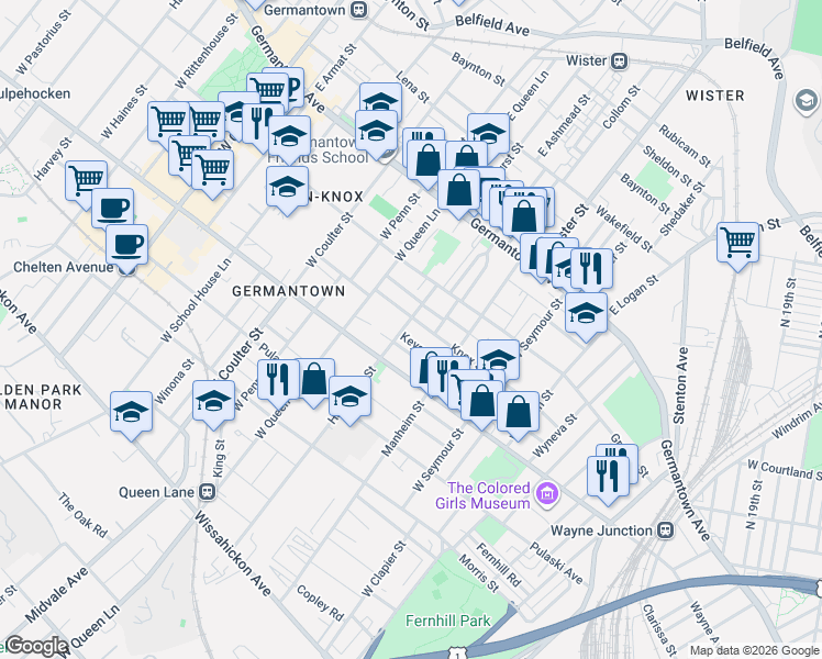 map of restaurants, bars, coffee shops, grocery stores, and more near 5138 Keyser Street in Philadelphia