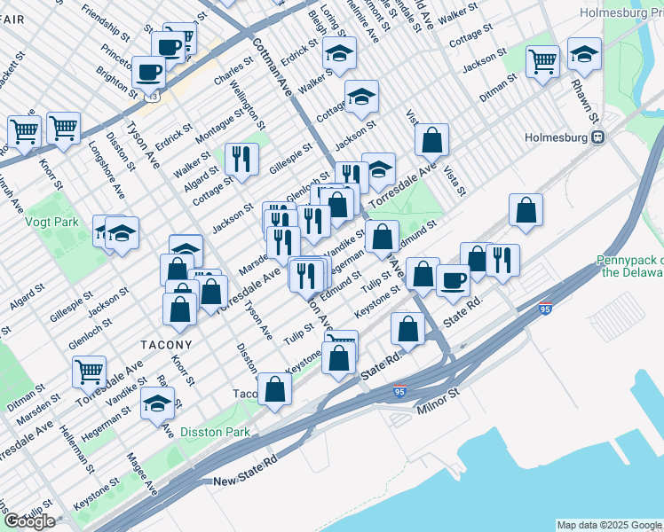 map of restaurants, bars, coffee shops, grocery stores, and more near 7146 Hegerman Street in Philadelphia