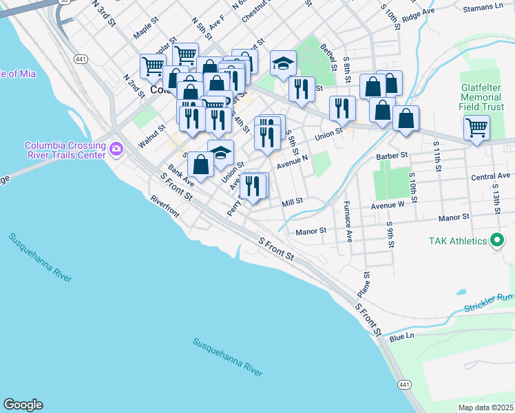 map of restaurants, bars, coffee shops, grocery stores, and more near 214 Lawrence Street in Columbia