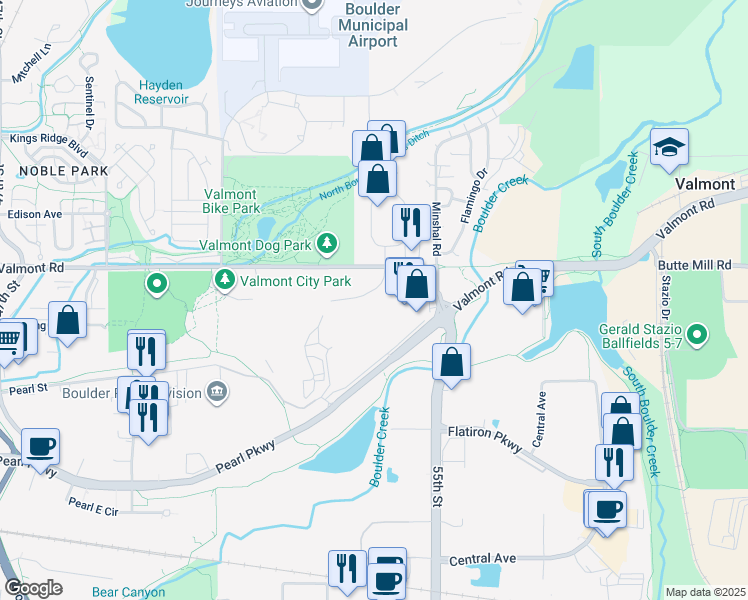 map of restaurants, bars, coffee shops, grocery stores, and more near 5360 Sterling Drive in Boulder