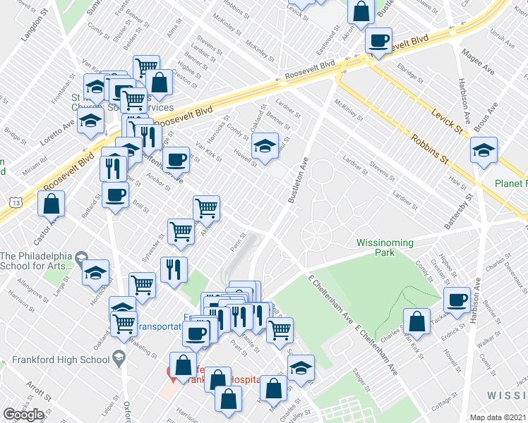 map of restaurants, bars, coffee shops, grocery stores, and more near 5833 Penn Street in Philadelphia