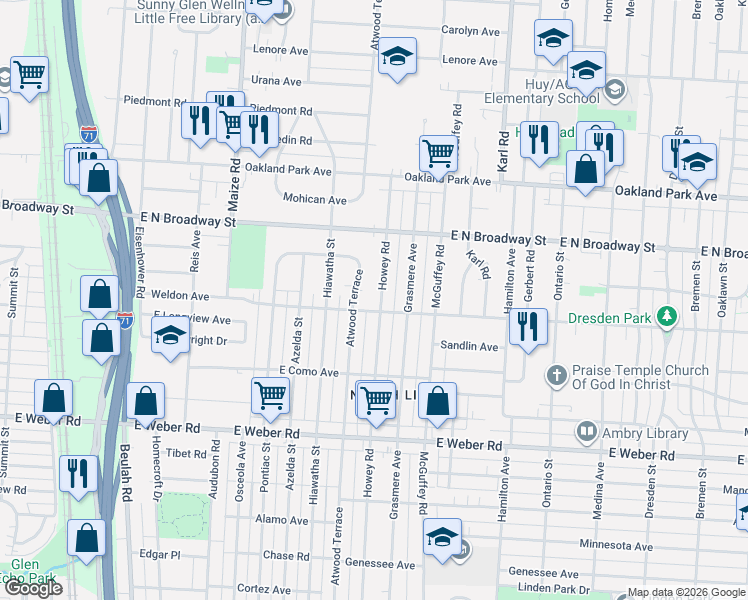 map of restaurants, bars, coffee shops, grocery stores, and more near 3028 Howey Road in Columbus