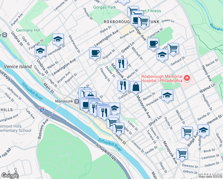 map of restaurants, bars, coffee shops, grocery stores, and more near 4344 Boone Street in Philadelphia