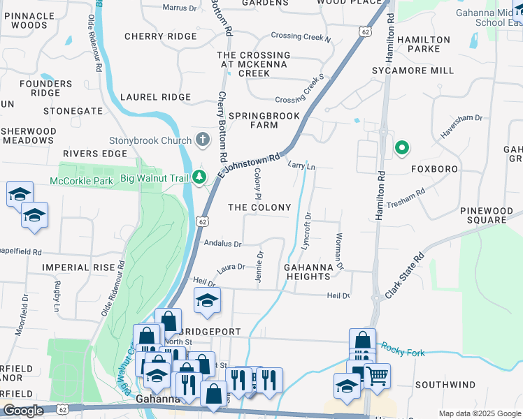 map of restaurants, bars, coffee shops, grocery stores, and more near 205 Colony Court in Columbus