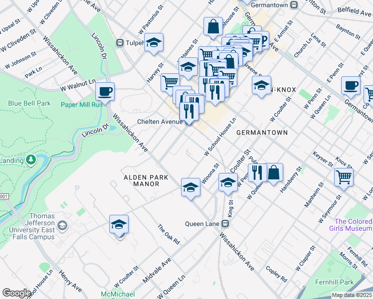 map of restaurants, bars, coffee shops, grocery stores, and more near 421 West School House Lane in Philadelphia