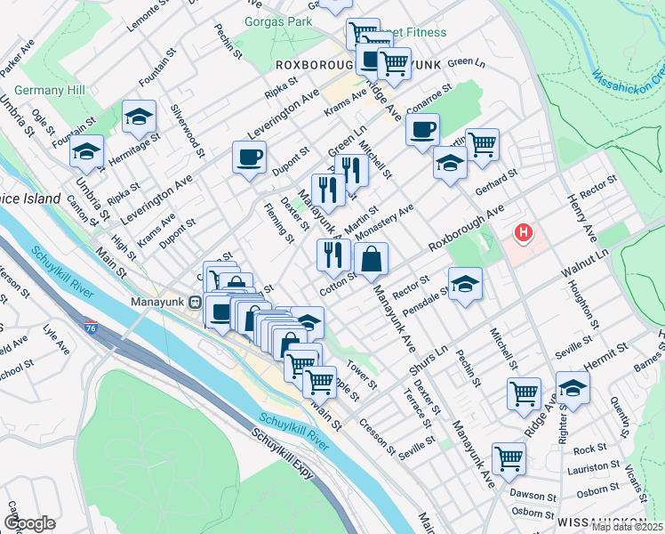 map of restaurants, bars, coffee shops, grocery stores, and more near 4336 Dexter Street in Philadelphia