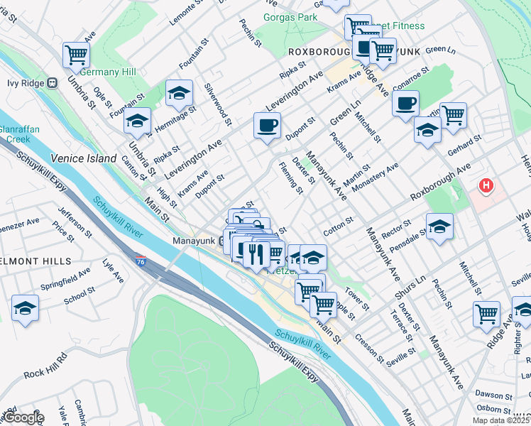 map of restaurants, bars, coffee shops, grocery stores, and more near 4438 Silverwood Street in Philadelphia