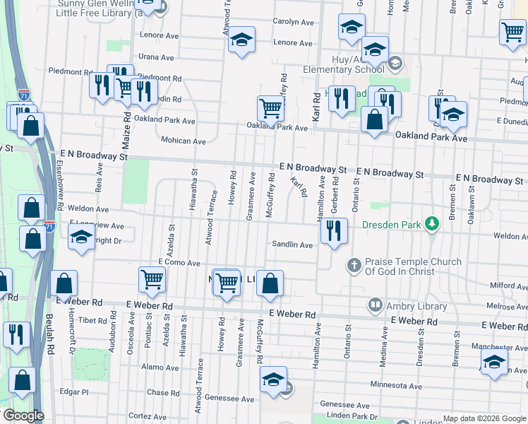 map of restaurants, bars, coffee shops, grocery stores, and more near 3017 Mcguffey Road in Columbus