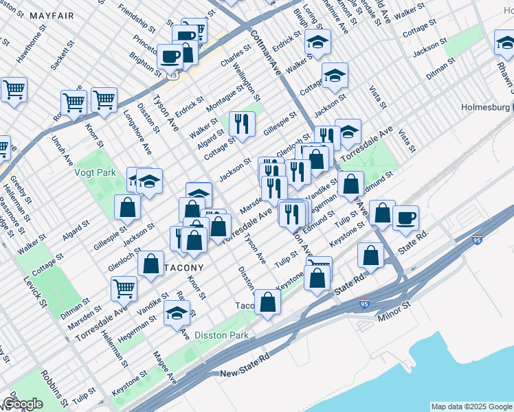 map of restaurants, bars, coffee shops, grocery stores, and more near 7029 Marsden Street in Philadelphia