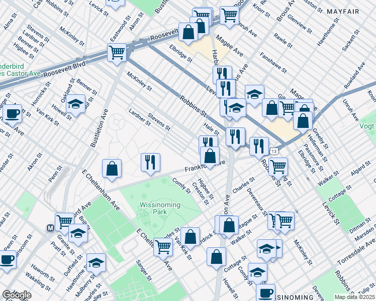 map of restaurants, bars, coffee shops, grocery stores, and more near 2902 Lardner Street in Philadelphia