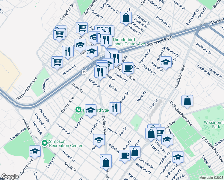 map of restaurants, bars, coffee shops, grocery stores, and more near 1136 Brill Street in Philadelphia