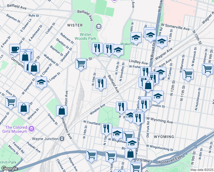 map of restaurants, bars, coffee shops, grocery stores, and more near 4854 North Bouvier Street in Philadelphia