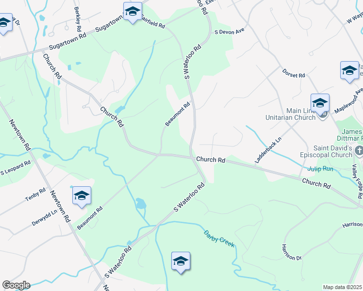 map of restaurants, bars, coffee shops, grocery stores, and more near 718 South Waterloo Road in Devon
