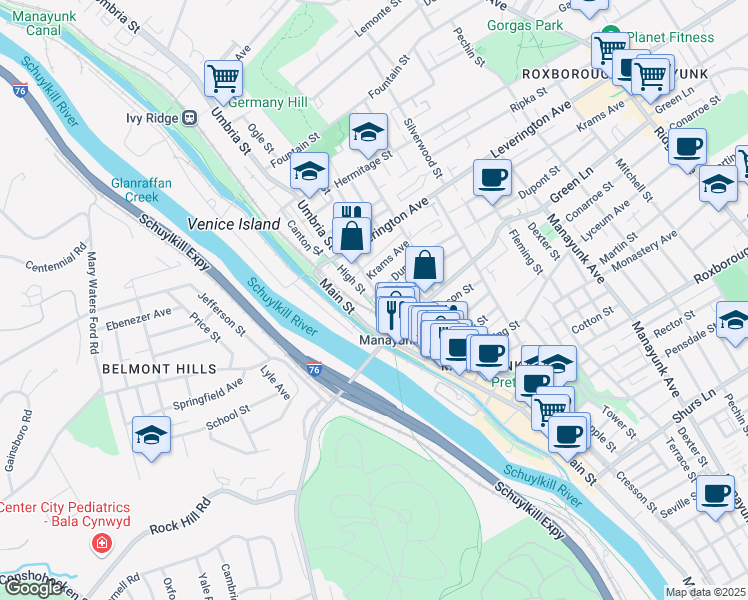 map of restaurants, bars, coffee shops, grocery stores, and more near Unnamed Road in Philadelphia