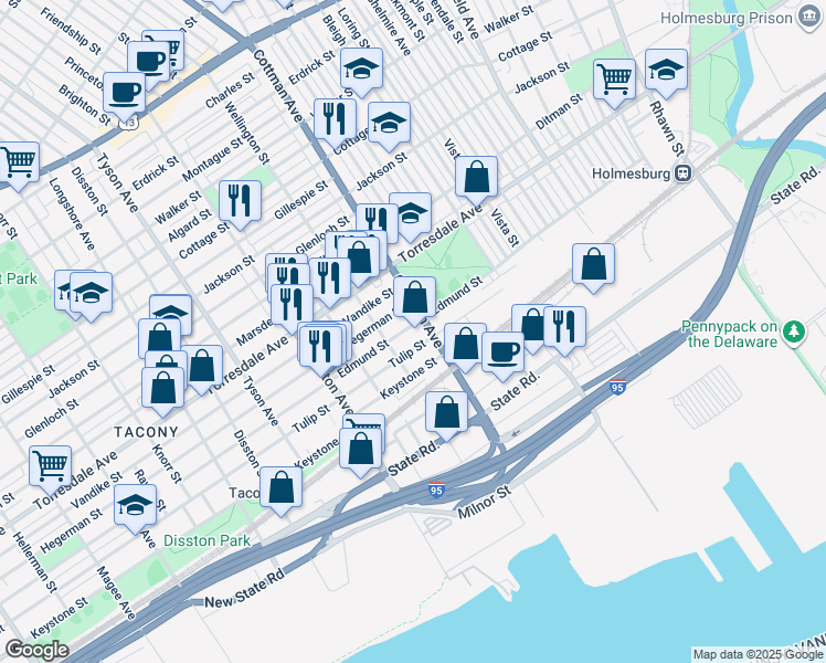 map of restaurants, bars, coffee shops, grocery stores, and more near 7227 Edmund Street in Philadelphia