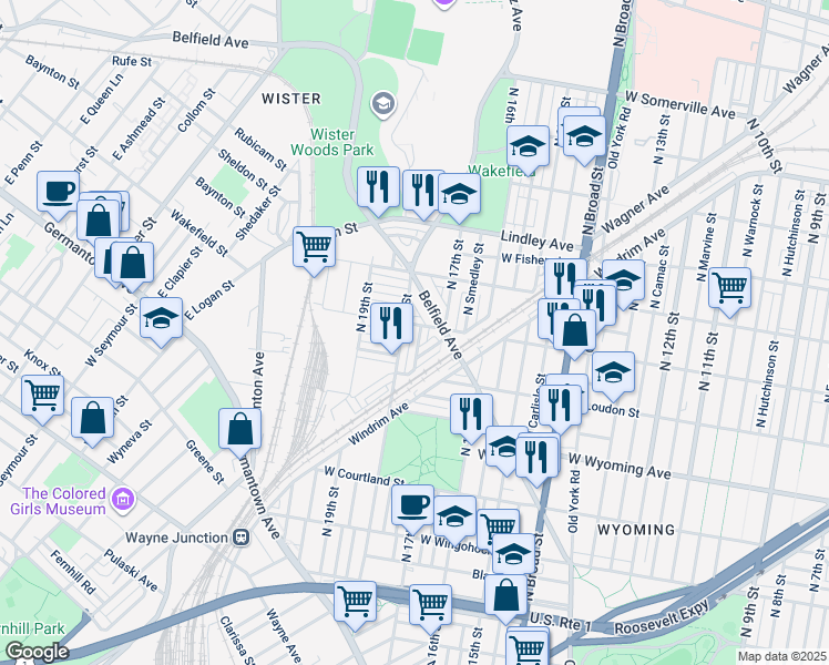 map of restaurants, bars, coffee shops, grocery stores, and more near 4854 North Bouvier Street in Philadelphia