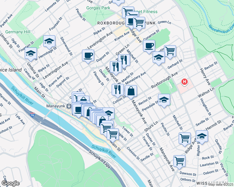 map of restaurants, bars, coffee shops, grocery stores, and more near 4338 Dexter Street in Philadelphia