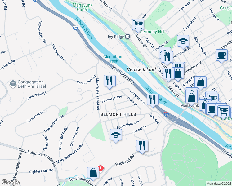 map of restaurants, bars, coffee shops, grocery stores, and more near 138 Jefferson Street in Bala Cynwyd