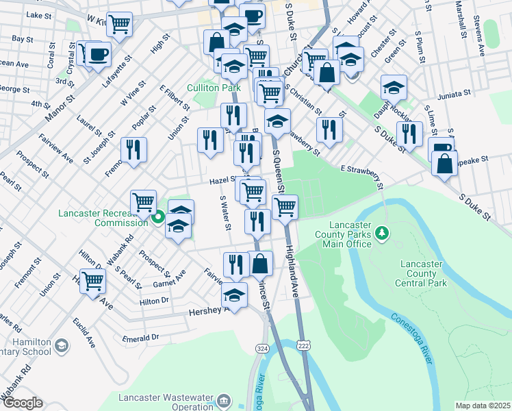 map of restaurants, bars, coffee shops, grocery stores, and more near 551 South Prince Street in Lancaster