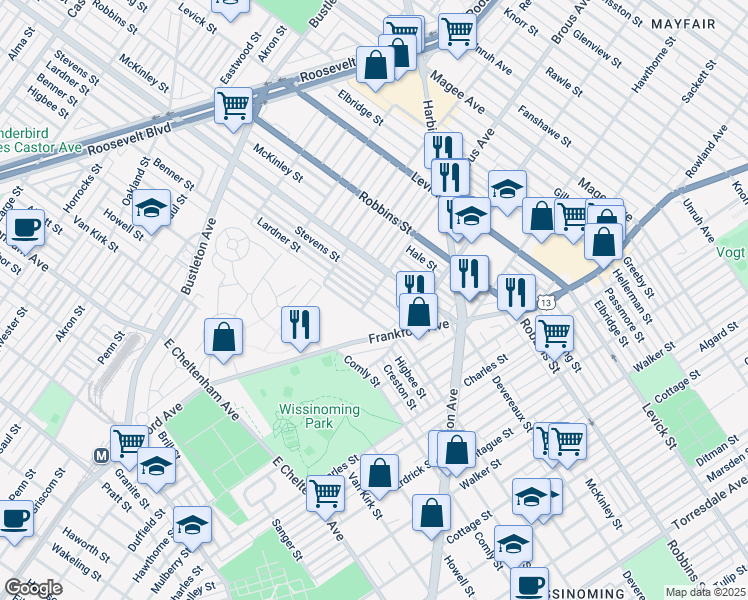 map of restaurants, bars, coffee shops, grocery stores, and more near 2902 Lardner Street in Philadelphia