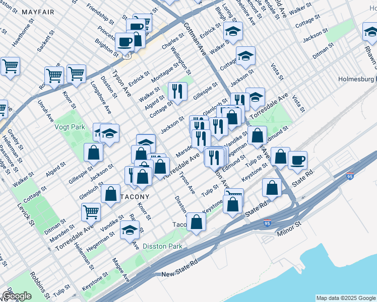 map of restaurants, bars, coffee shops, grocery stores, and more near 7029 Marsden Street in Philadelphia
