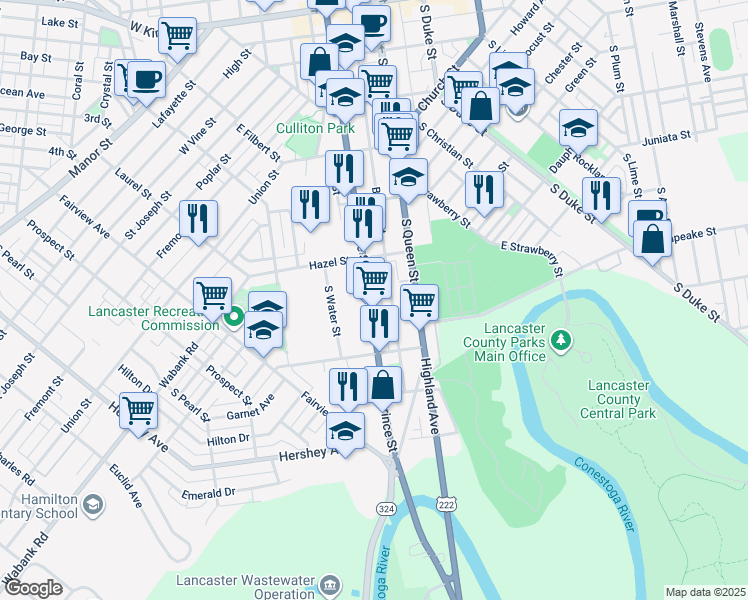 map of restaurants, bars, coffee shops, grocery stores, and more near 551 South Prince Street in Lancaster