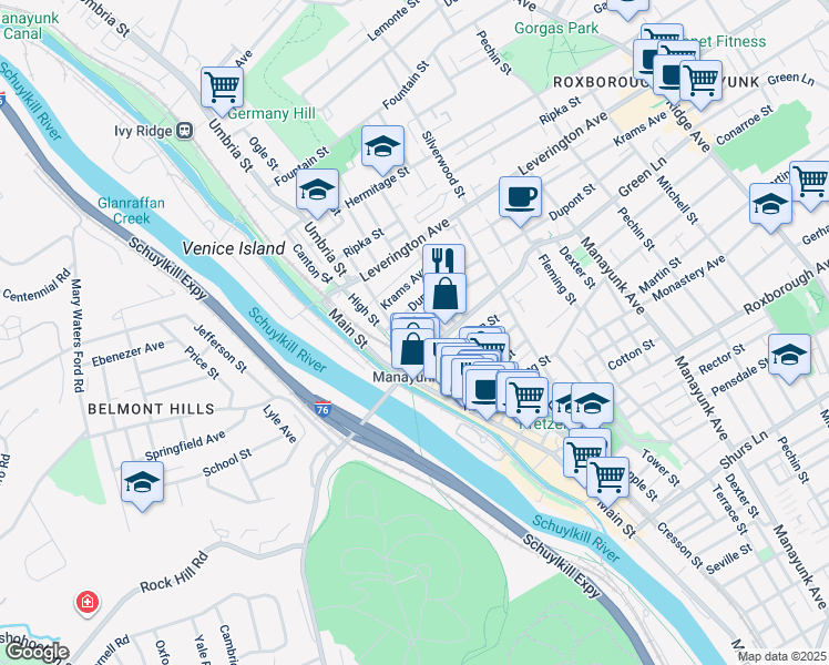 map of restaurants, bars, coffee shops, grocery stores, and more near 4515 Baker Street in Philadelphia