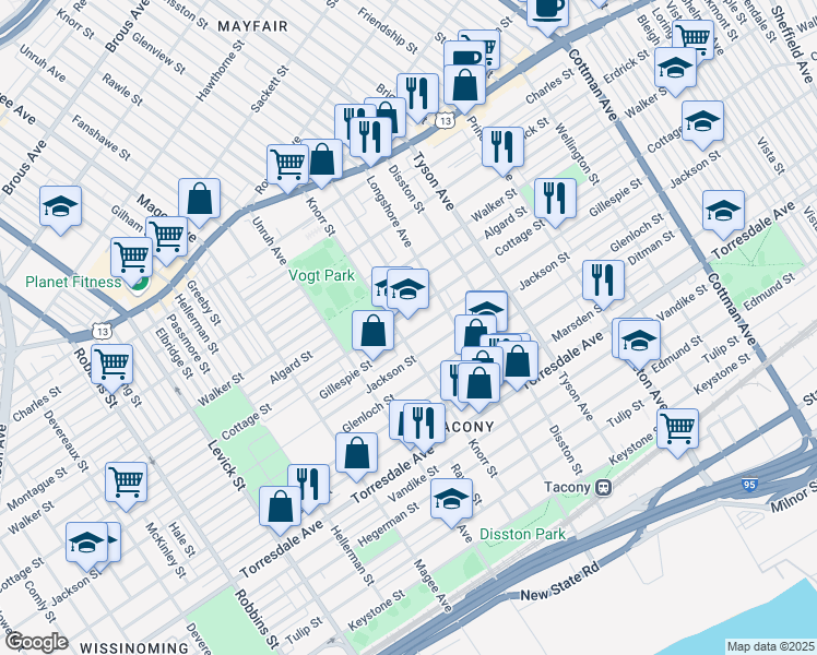 map of restaurants, bars, coffee shops, grocery stores, and more near 6801 Cottage Street in Philadelphia