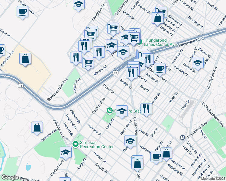 map of restaurants, bars, coffee shops, grocery stores, and more near 5203 Castor Avenue in Philadelphia