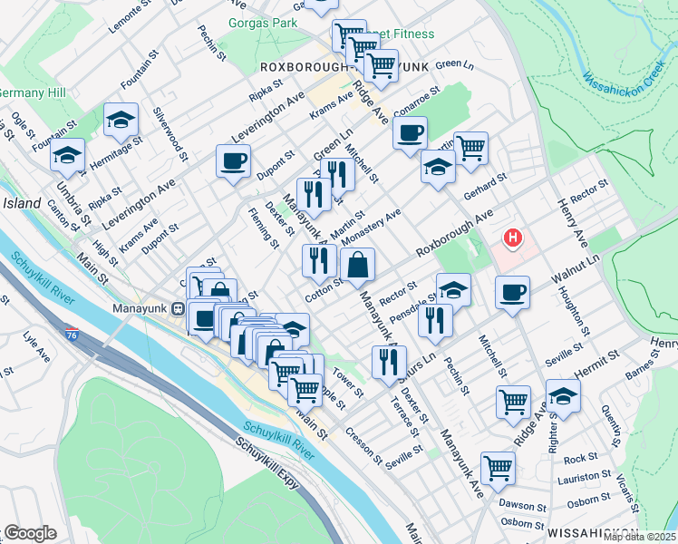 map of restaurants, bars, coffee shops, grocery stores, and more near 4318 Manayunk Avenue in Philadelphia