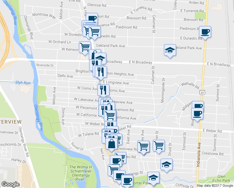 map of restaurants, bars, coffee shops, grocery stores, and more near 54 East Lakeview Avenue in Columbus