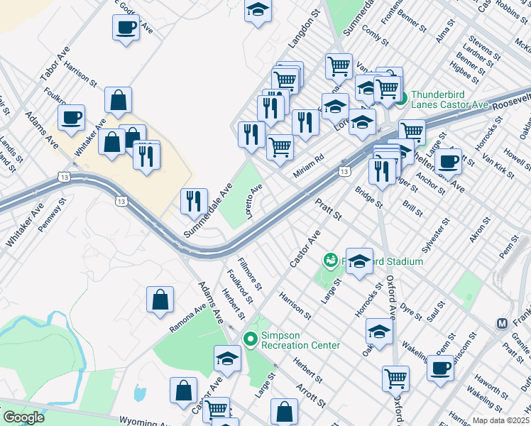 map of restaurants, bars, coffee shops, grocery stores, and more near 5003 Roosevelt Boulevard in Philadelphia