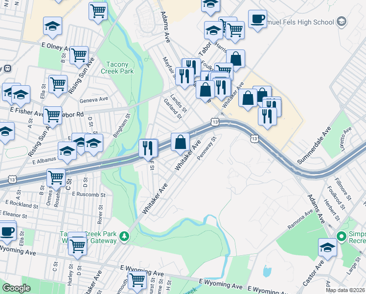 map of restaurants, bars, coffee shops, grocery stores, and more near 5169 Whitaker Avenue in Philadelphia