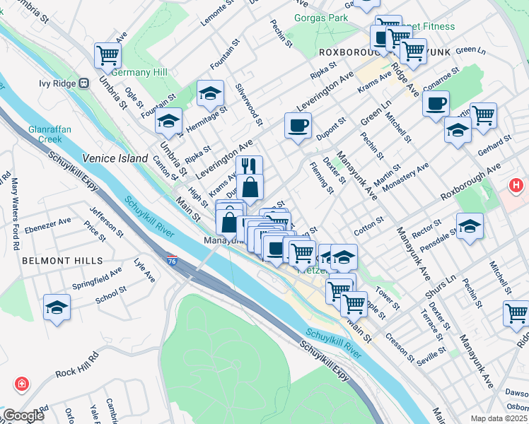 map of restaurants, bars, coffee shops, grocery stores, and more near 162 Carson Street in Philadelphia
