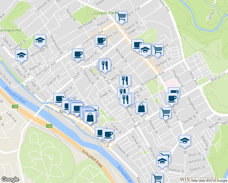 map of restaurants, bars, coffee shops, grocery stores, and more near 4318 Manayunk Avenue in Philadelphia