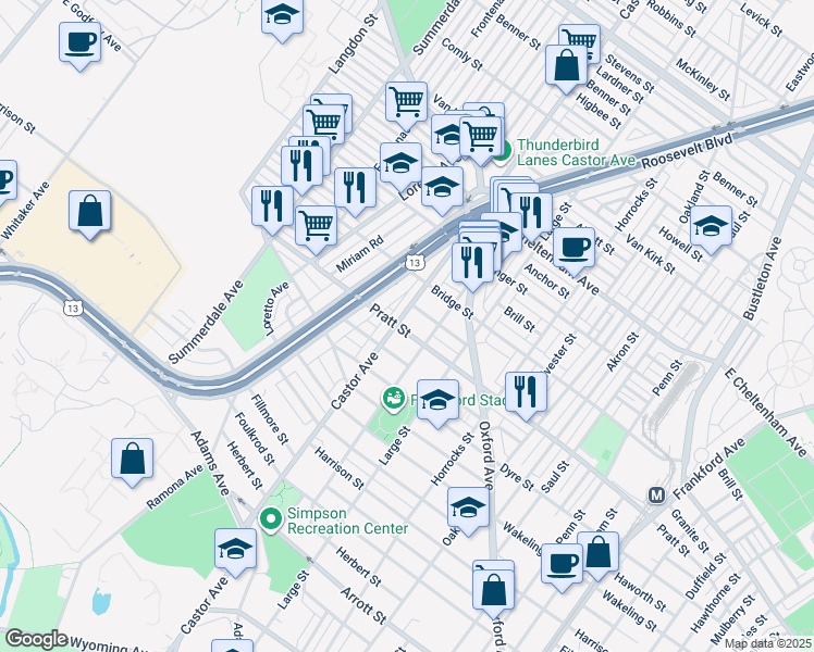 map of restaurants, bars, coffee shops, grocery stores, and more near 5203 Castor Avenue in Philadelphia