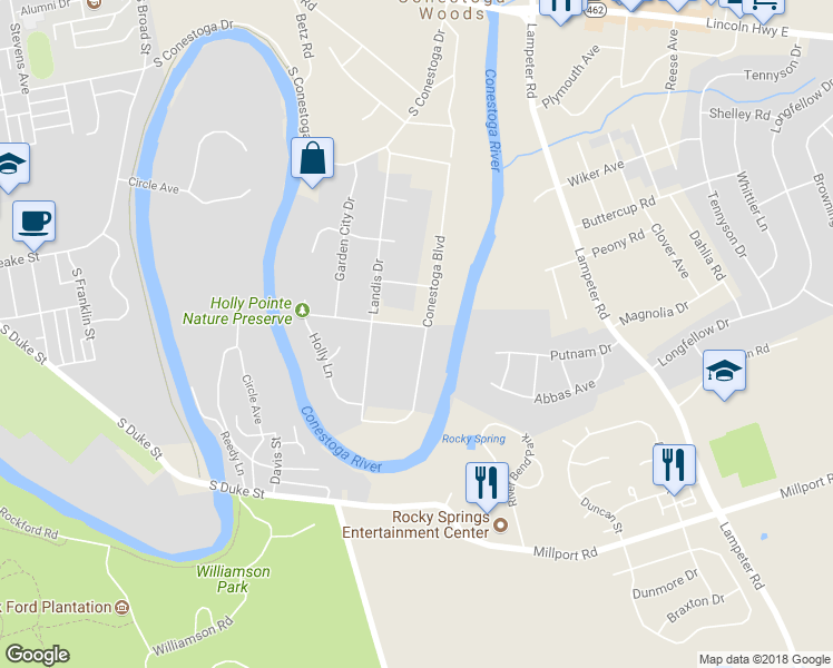 map of restaurants, bars, coffee shops, grocery stores, and more near 206 Conestoga Boulevard in Lancaster
