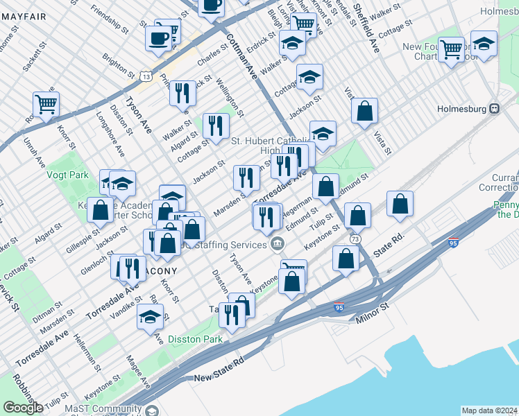 map of restaurants, bars, coffee shops, grocery stores, and more near 7109 Torresdale Avenue in Philadelphia