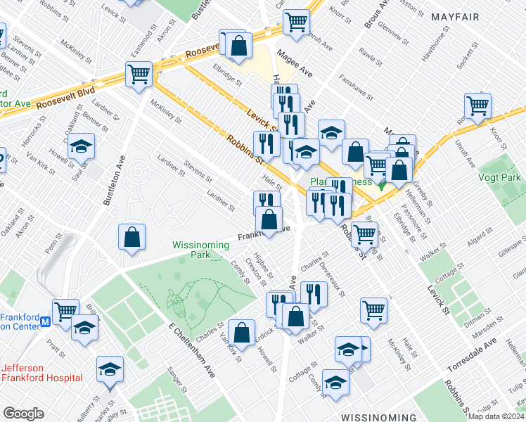 map of restaurants, bars, coffee shops, grocery stores, and more near 2940 Devereaux Avenue in Philadelphia