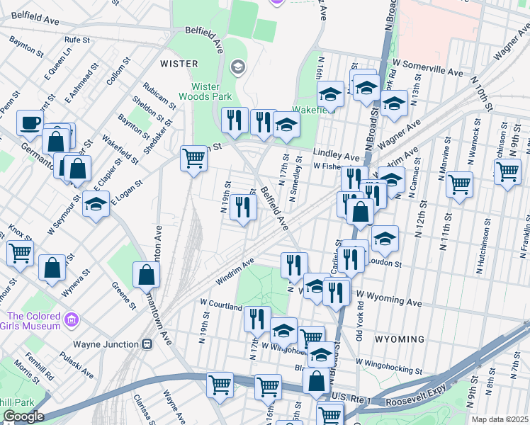 map of restaurants, bars, coffee shops, grocery stores, and more near 4857 North Bouvier Street in Philadelphia