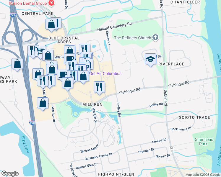 map of restaurants, bars, coffee shops, grocery stores, and more near 3550 Fishinger Boulevard in Hilliard