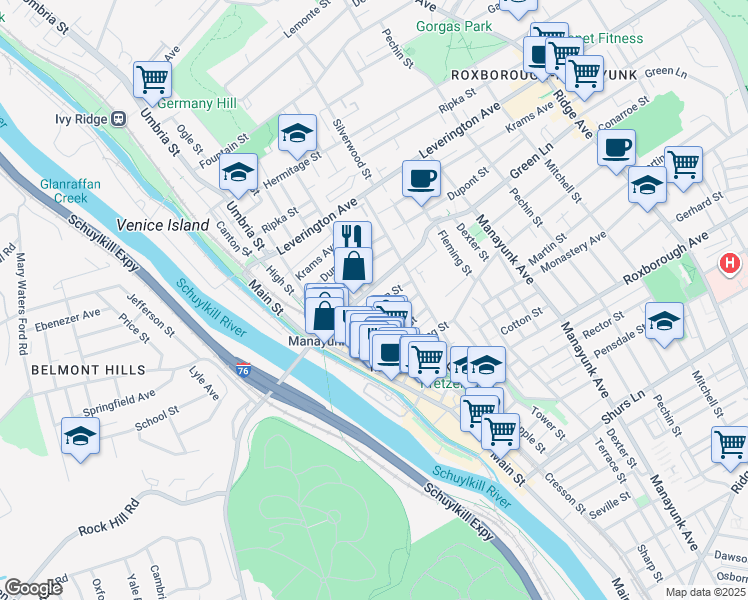 map of restaurants, bars, coffee shops, grocery stores, and more near 164 Carson Street in Philadelphia
