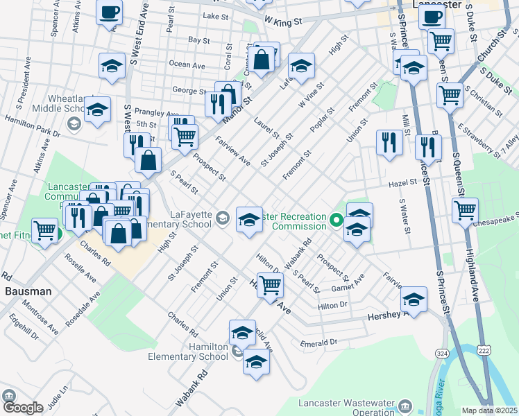 map of restaurants, bars, coffee shops, grocery stores, and more near 843 Fremont Street in Lancaster