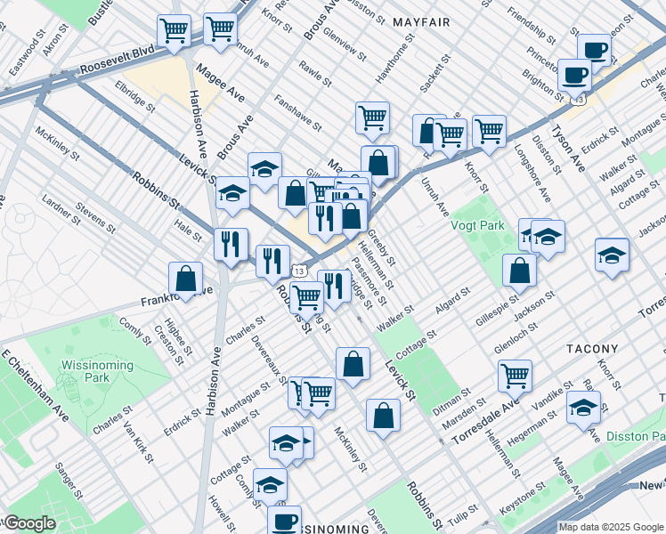 map of restaurants, bars, coffee shops, grocery stores, and more near 4119 Levick Street in Philadelphia
