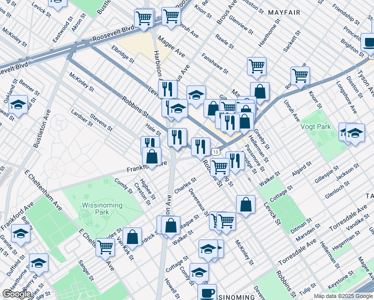 map of restaurants, bars, coffee shops, grocery stores, and more near 6217 Frankford Avenue in Philadelphia