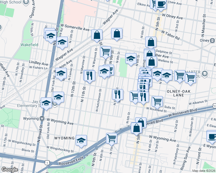 map of restaurants, bars, coffee shops, grocery stores, and more near 4942 North 8th Street in Philadelphia