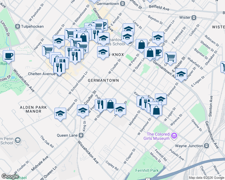 map of restaurants, bars, coffee shops, grocery stores, and more near 5323 Newhall Street in Philadelphia